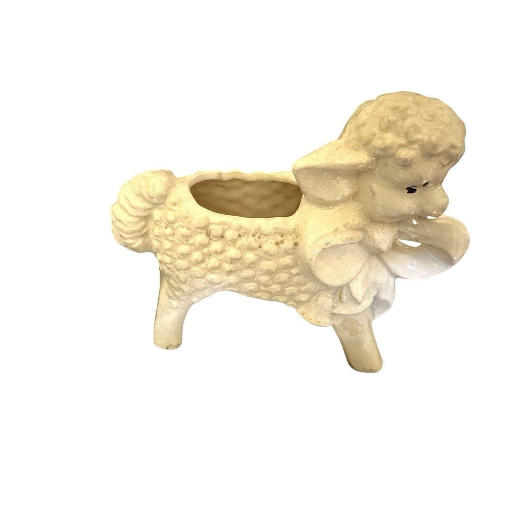 Vintage Large 7" McCoy Pottery Lamb Sheep Planter Vase with Bow Creamy White EUC